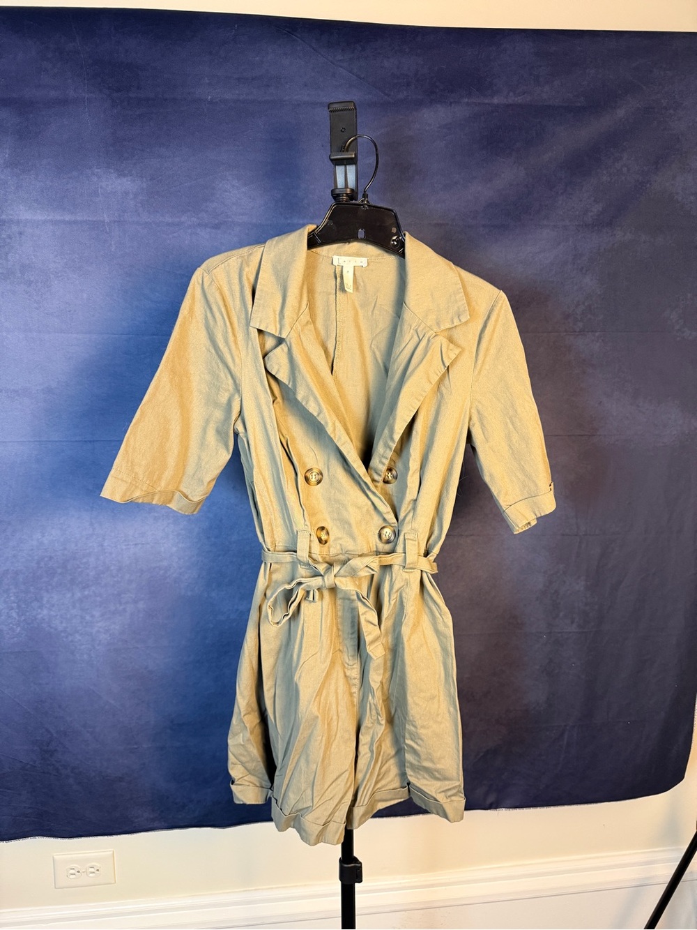 Olive green Short Sleeve Trench Romper with Tie Waist
